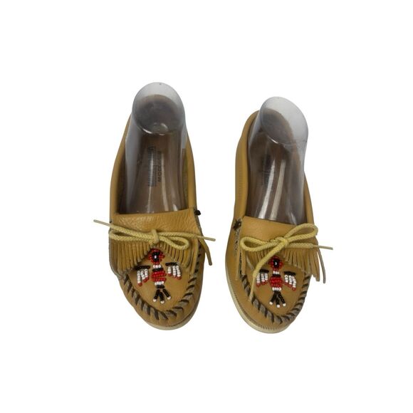 Minnetonka tan leather moccasins with beaded thunderbird design - Picture 4 of 8